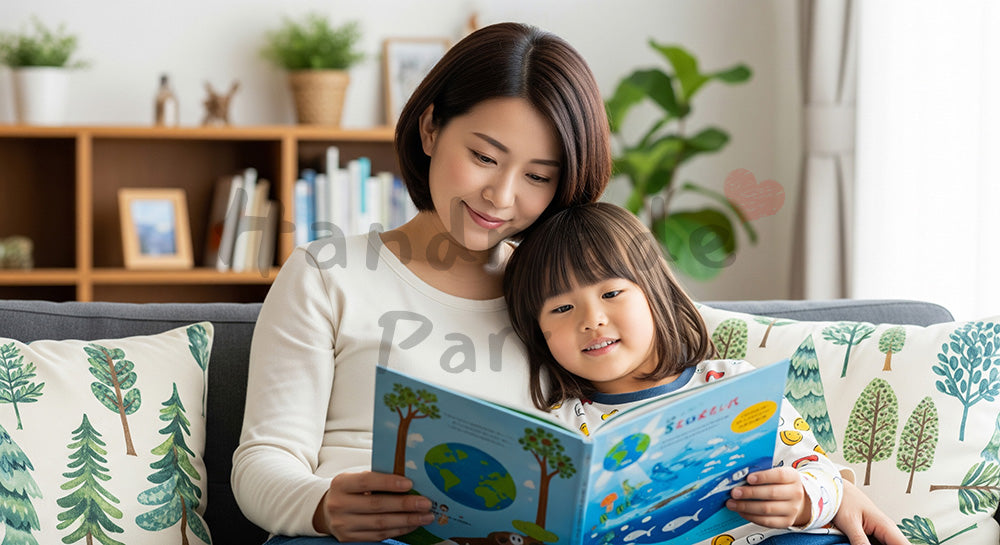 フリー素材 無料 写真｜環境をテーマにした絵本を読み聞かせる日本人母子のリビングシーン