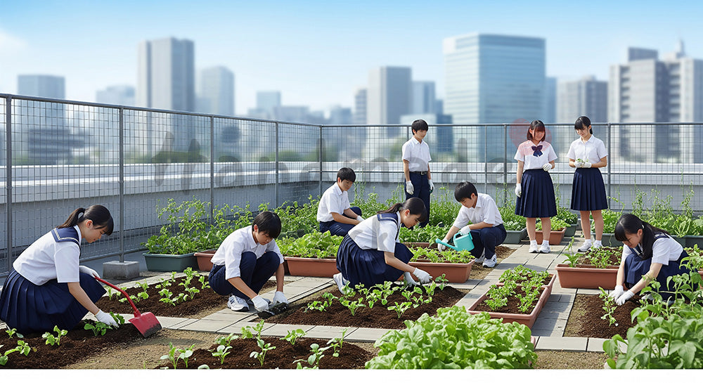 フリー素材 無料 写真｜屋上菜園で土いじりをする日本人中学生たちの環境学習シーン 余白あり