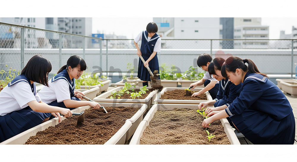 フリー素材 無料 写真｜屋上菜園で土いじりをする日本人中学生たちの環境学習シーン
