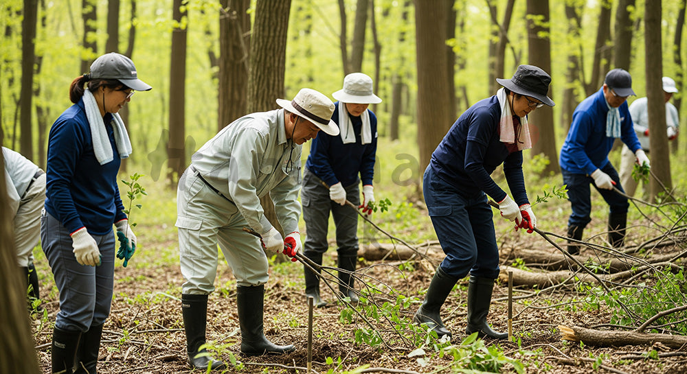 フリー素材 無料 写真｜里山で森林保全ボランティア活動を行う日本人たち 背景素材