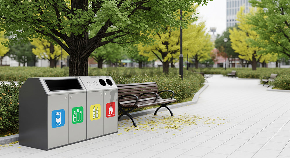 フリー素材 無料 写真｜分別ごみ箱が整然と並ぶ日本の都市公園のクリーンな風景 余白あり