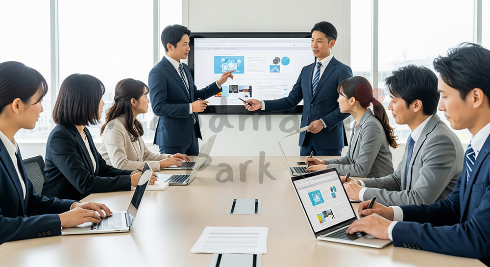 フリー素材 無料 写真｜オンライン資料中心のペーパーレスミーティングを行う日本人ビジネスパーソン 余白あり
