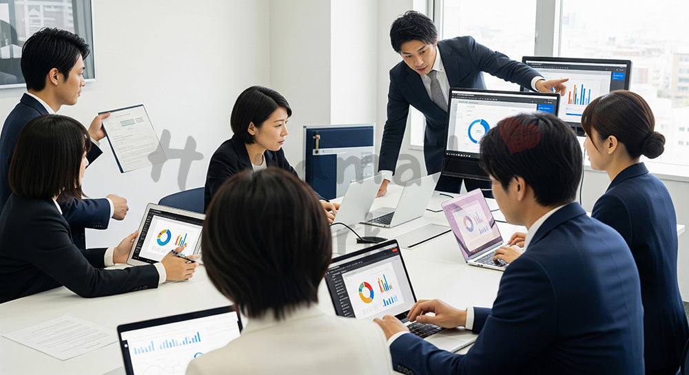 フリー素材 無料 写真｜オンライン資料中心のペーパーレスミーティングを行う日本人ビジネスパーソン 写真背景