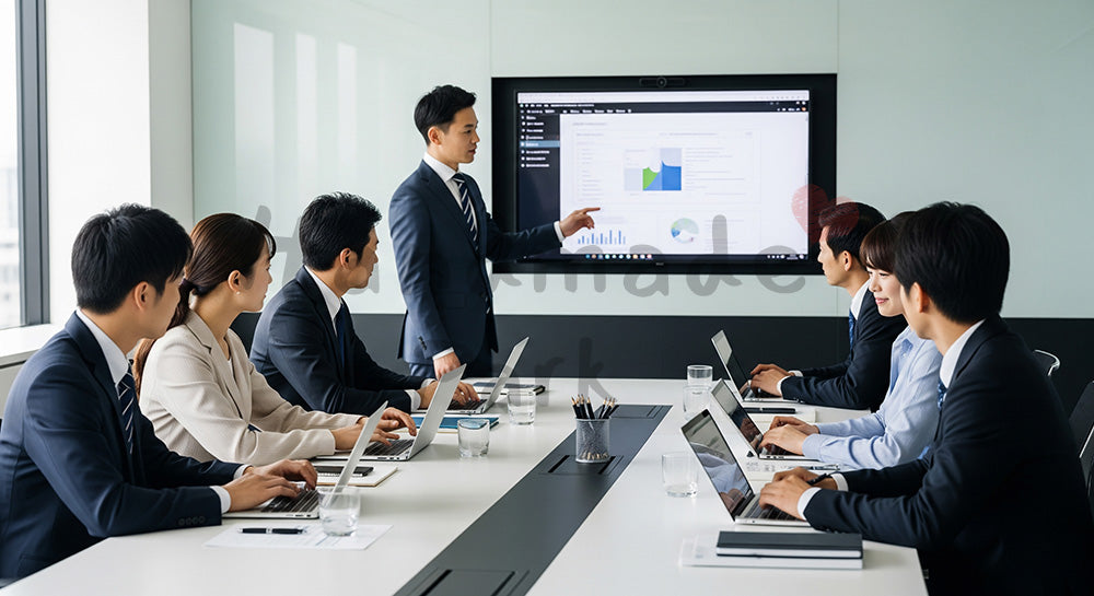 フリー素材 無料 写真｜オンライン資料中心のペーパーレスミーティングを行う日本人ビジネスパーソン 背景素材