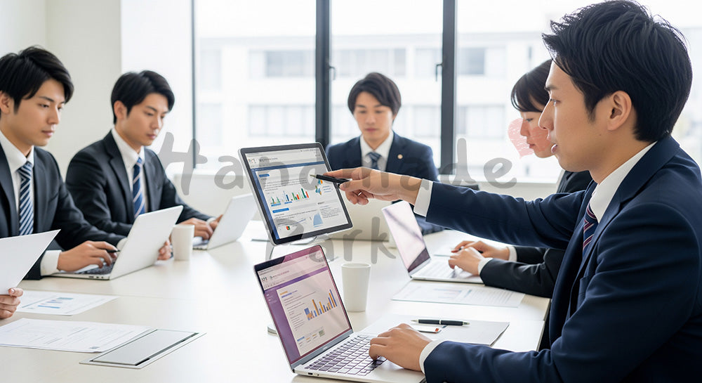 フリー素材 無料 写真｜オンライン資料中心のペーパーレスミーティングを行う日本人ビジネスパーソン