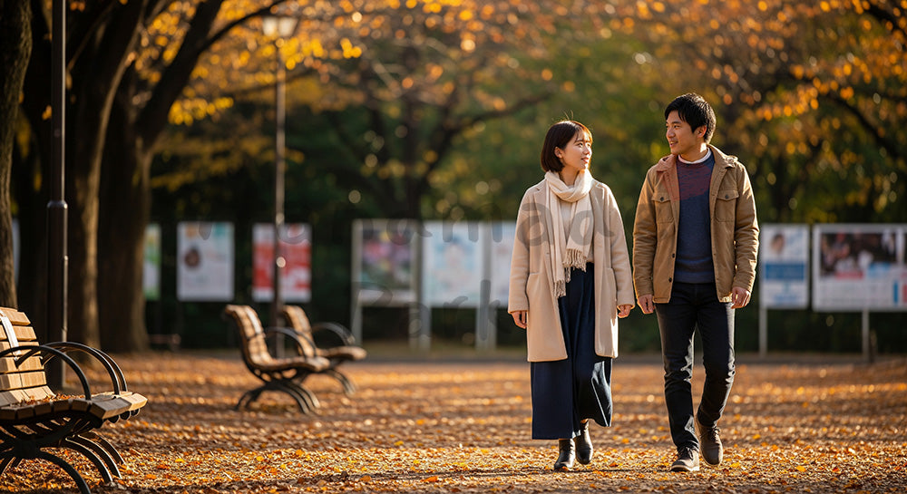 フリー素材 無料 写真｜秋の公園を並んで散歩する日本人カップル 余白あり