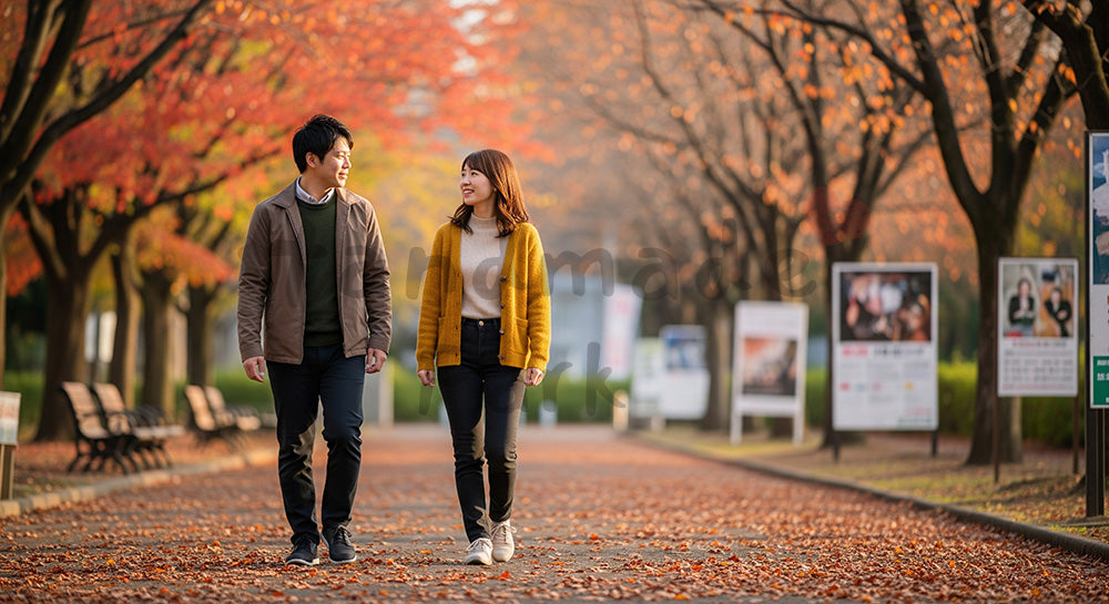フリー素材 無料 写真｜秋の公園を並んで散歩する日本人カップル 背景素材