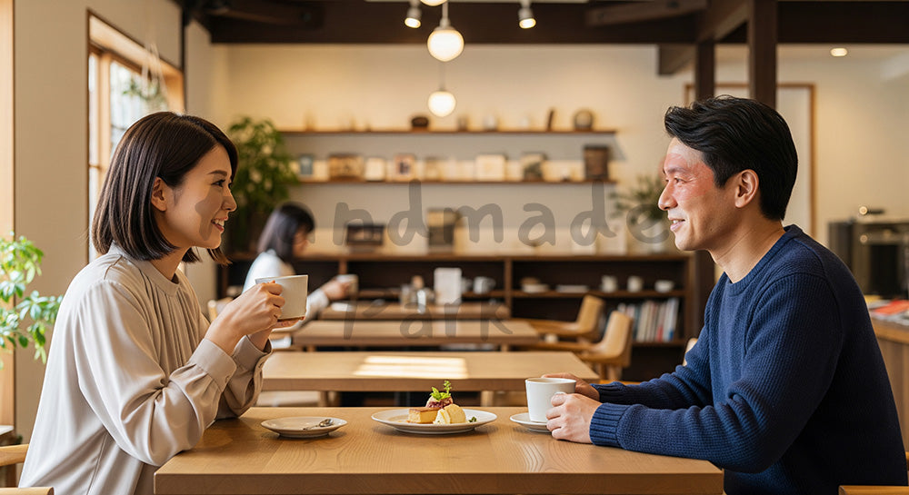 フリー素材 無料 写真｜カフェで向かい合って会話を楽しむ日本人カップル 余白あり