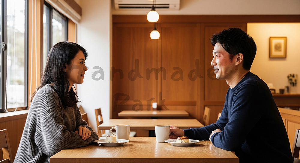 フリー素材 無料 写真｜カフェで向かい合って会話を楽しむ日本人カップル 写真背景