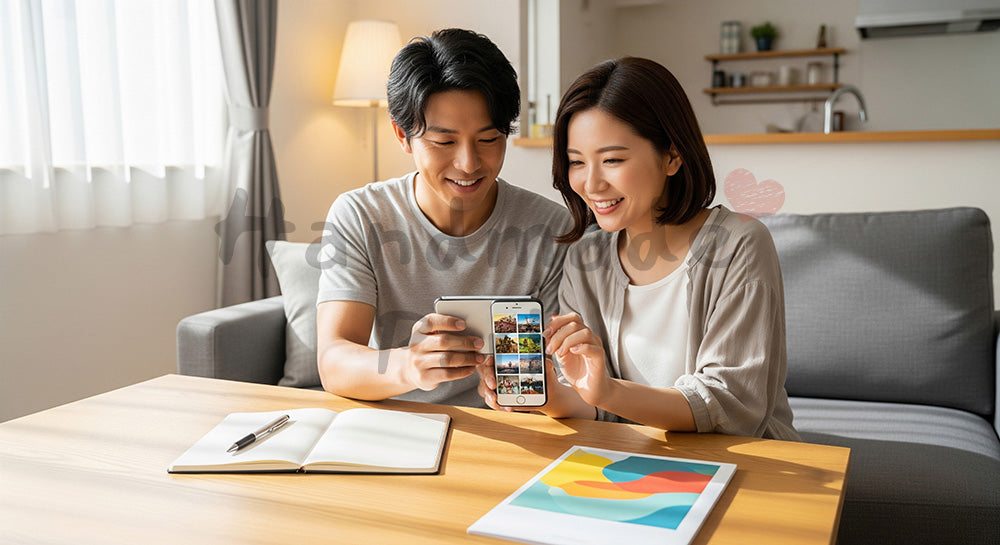 フリー素材 無料 写真｜リビングでスマホを見ながら旅行計画を立てる日本人カップル 余白あり