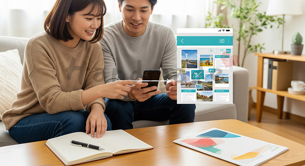 フリー素材 無料 写真｜リビングでスマホを見ながら旅行計画を立てる日本人カップル 背景素材