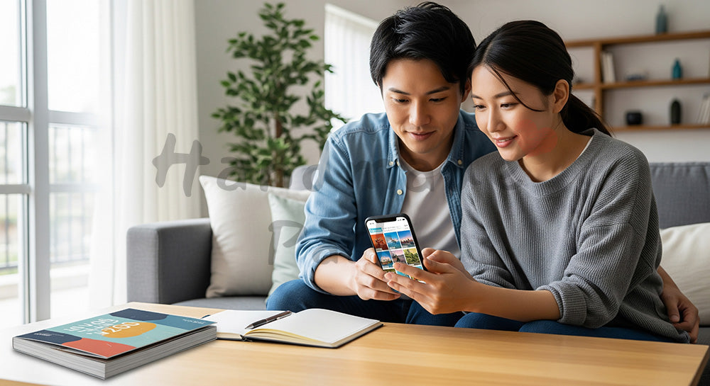 フリー素材 無料 写真｜リビングでスマホを見ながら旅行計画を立てる日本人カップル