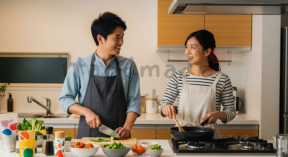 フリー素材 無料 写真｜一緒に夕食を作る日本人カップルのキッチンシーン