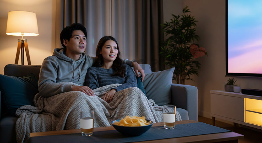 フリー素材 無料 写真｜ソファで映画鑑賞を楽しむ日本人カップルの夜のリビング 写真背景