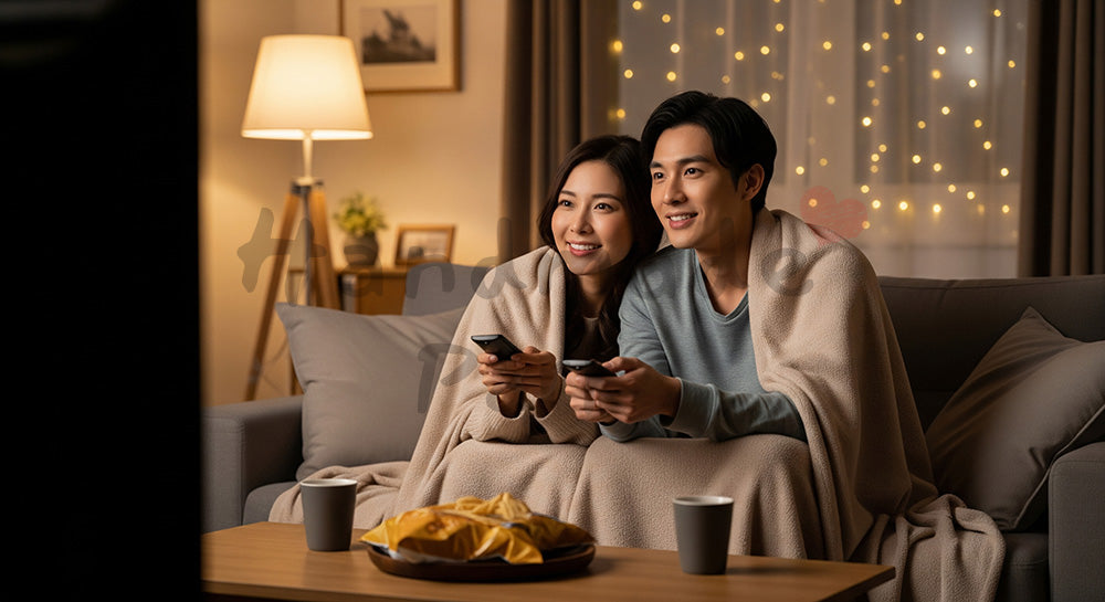 フリー素材 無料 写真｜ソファで映画鑑賞を楽しむ日本人カップルの夜のリビング 背景素材