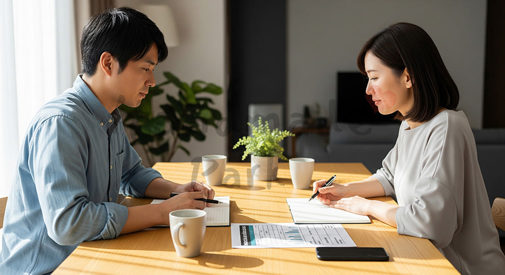 フリー素材 無料 写真|家計表を見ながら将来について話し合う日本人カップル 余白あり