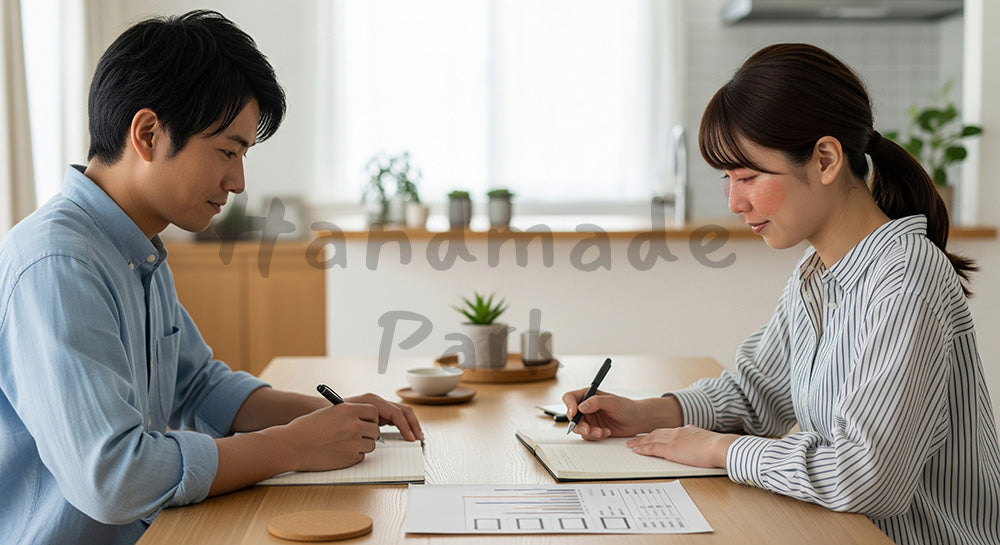 フリー素材 無料 写真|家計表を見ながら将来について話し合う日本人カップル 写真背景