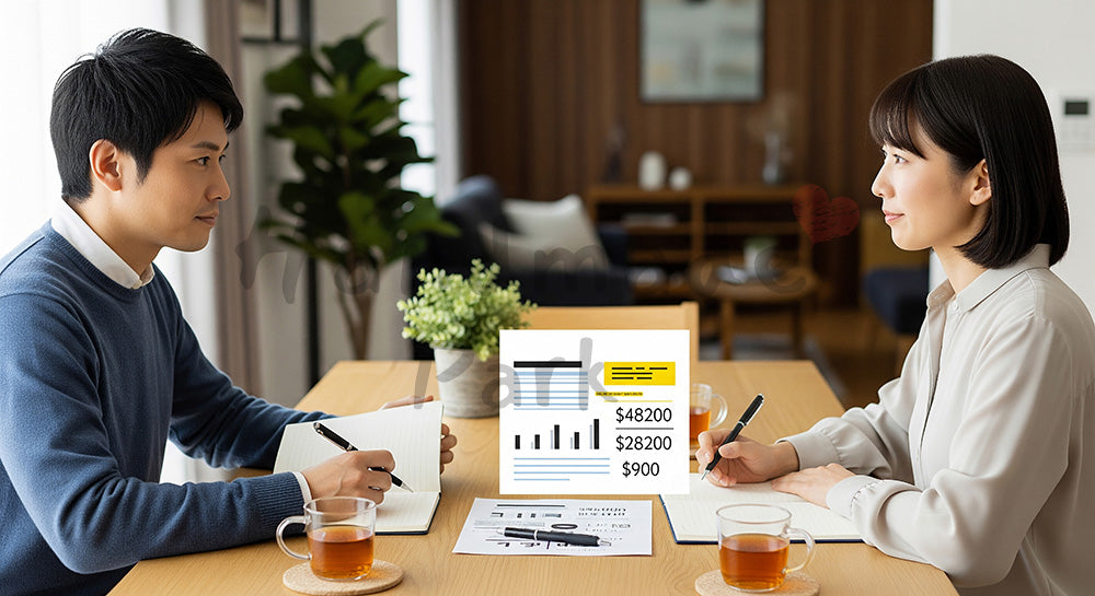 フリー素材 無料 写真|家計表を見ながら将来について話し合う日本人カップル