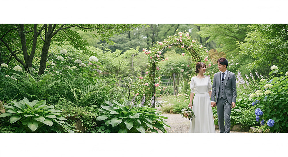 フリー素材 無料 写真｜ガーデンで手をつないで歩く日本人新郎新婦のイメージ（表現3）