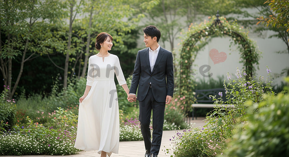 フリー素材 無料 写真｜ガーデンで手をつないで歩く日本人新郎新婦のイメージ 背景素材
