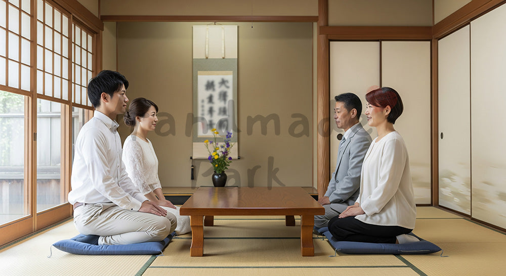 フリー素材 無料 写真｜和室で結婚の挨拶をする日本人カップルと親世代 写真背景