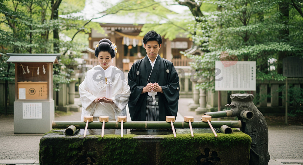 フリー素材 無料 写真｜神社の手水舎付近で参拝する和装の日本人カップルの結婚イメージ