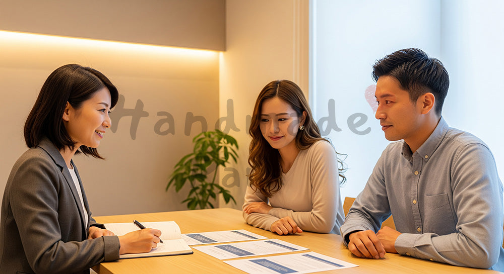 フリー素材 無料 写真｜カウンセラーとともに夫婦関係について相談する日本人カップル 余白あり