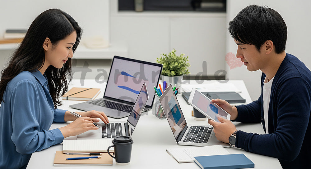 フリー素材 無料 写真｜ノートPCとタブレットで並んで仕事をする日本人カップル 余白あり