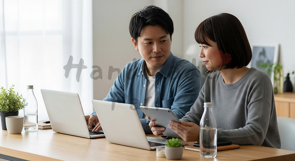 フリー素材 無料 写真｜ノートPCとタブレットで並んで仕事をする日本人カップル 写真背景