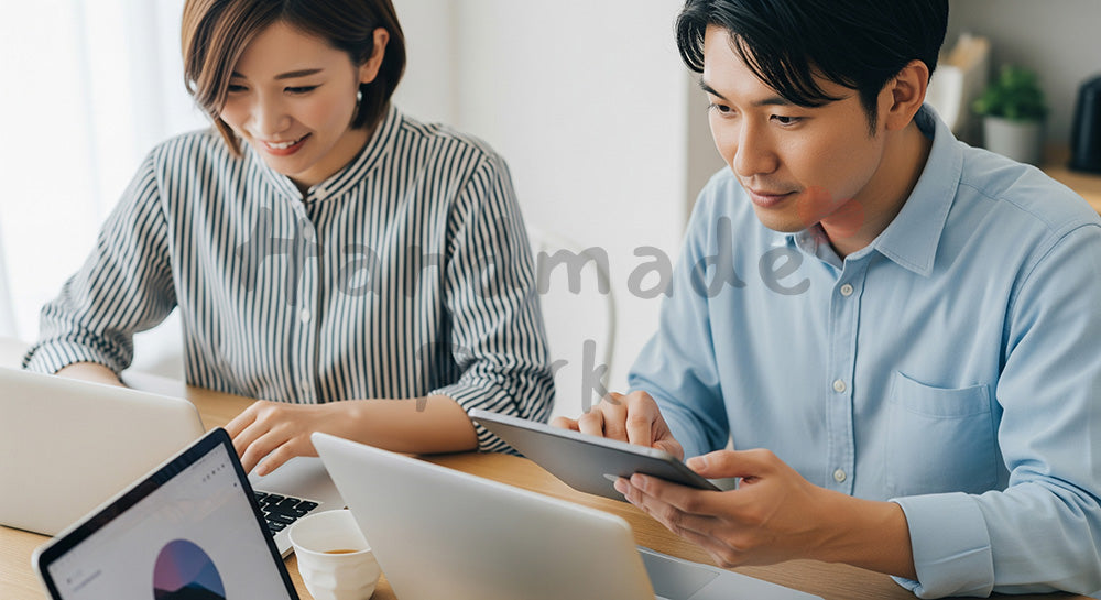 フリー素材 無料 写真｜ノートPCとタブレットで並んで仕事をする日本人カップル 背景素材
