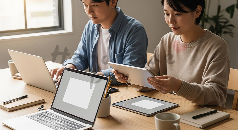 フリー素材 無料 写真｜ノートPCとタブレットで並んで仕事をする日本人カップル
