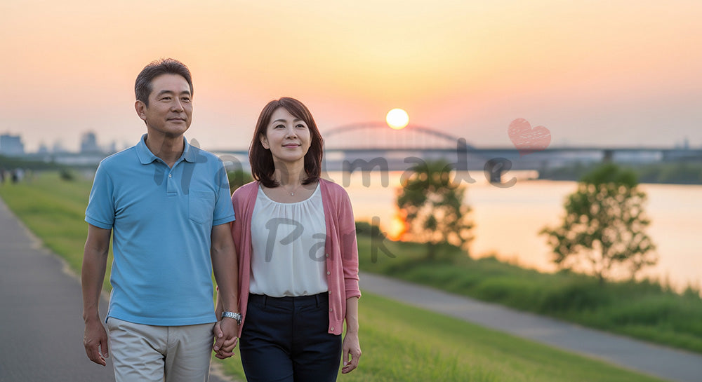 フリー素材 無料 写真｜夕暮れの河川敷を並んで歩く中高年の日本人夫婦 写真背景