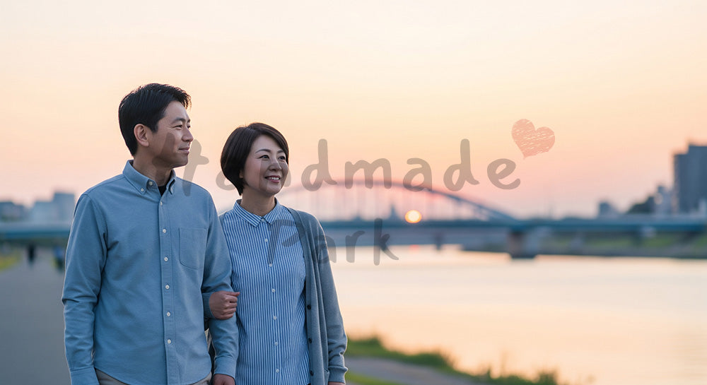 フリー素材 無料 写真｜夕暮れの河川敷を並んで歩く中高年の日本人夫婦 背景素材