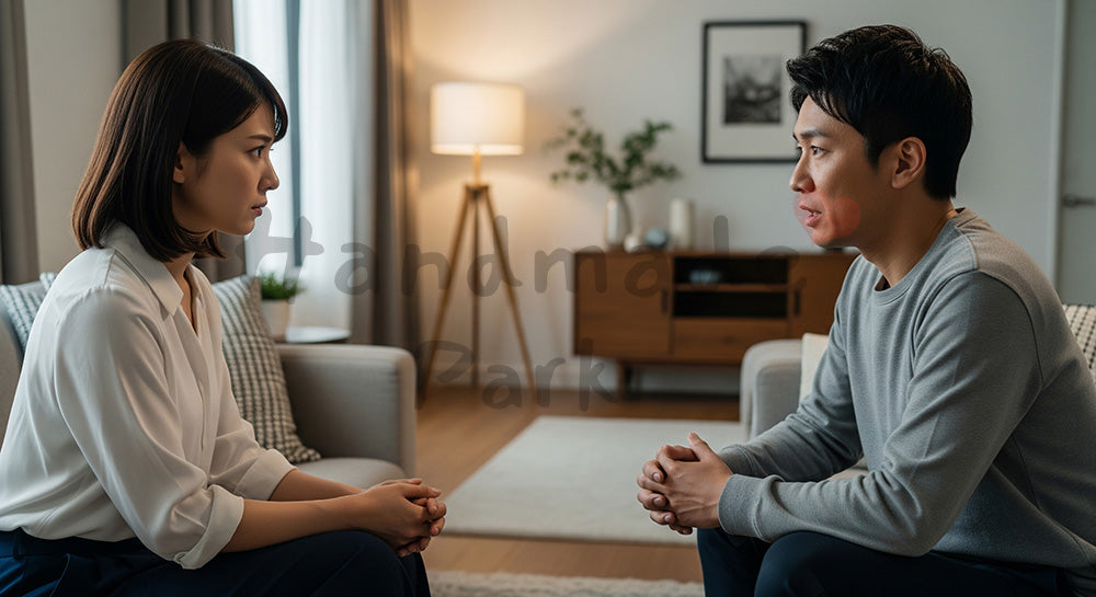 フリー素材 無料 写真｜ソファで冷静に話し合い、関係を見直す日本人カップル