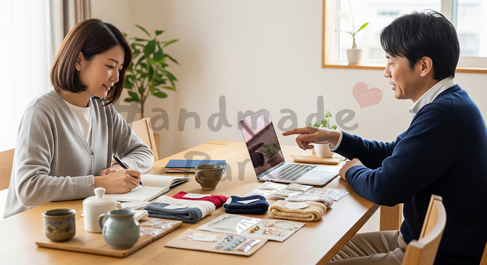 フリー素材 無料 写真｜自宅のテーブルでハンドメイド副業の相談をする日本人カップル 余白あり