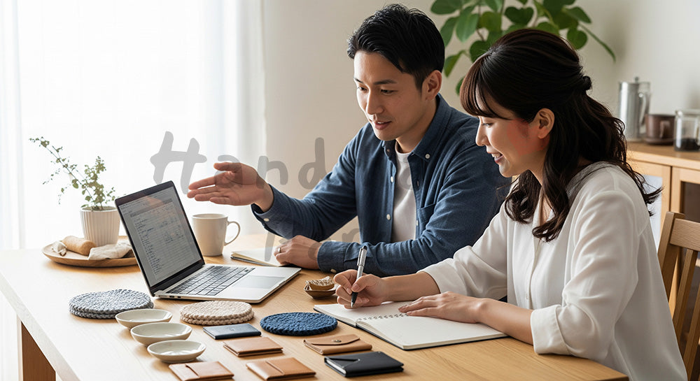 フリー素材 無料 写真｜自宅のテーブルでハンドメイド副業の相談をする日本人カップル