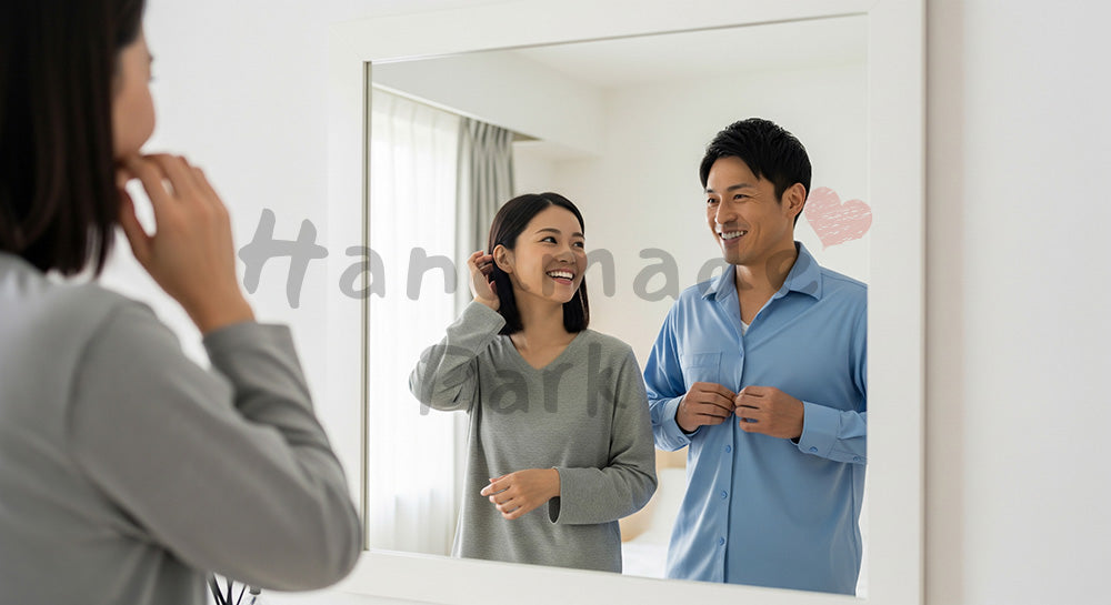 フリー素材 無料 写真｜朝の身支度をしながら会話する日本人カップルのベッドルーム手前シーン 背景素材