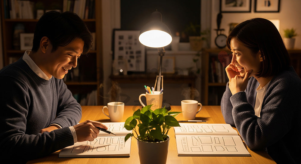 フリー素材 無料 写真｜ノートに目標を書き出しながら互いの夢を共有する日本人カップル 余白あり