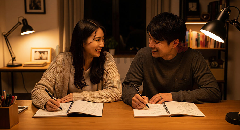 フリー素材 無料 写真｜ノートに目標を書き出しながら互いの夢を共有する日本人カップル 写真背景