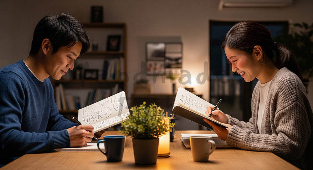 フリー素材 無料 写真｜ノートに目標を書き出しながら互いの夢を共有する日本人カップル 背景素材