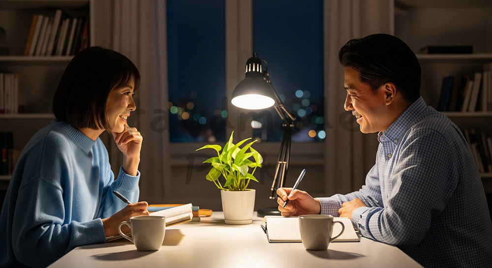 フリー素材 無料 写真｜ノートに目標を書き出しながら互いの夢を共有する日本人カップル