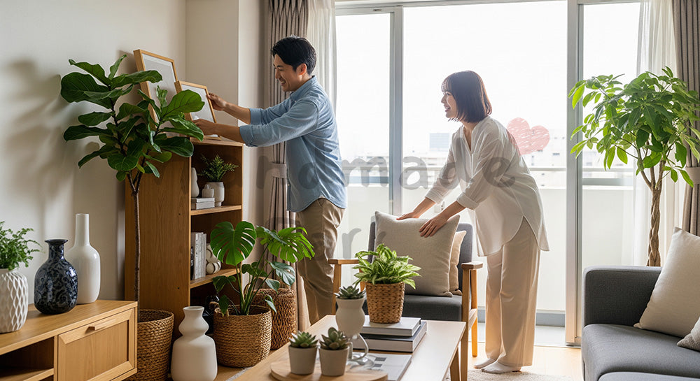 フリー素材 無料 写真｜観葉植物や小物を配置しながら部屋づくりを楽しむ日本人カップル 余白あり