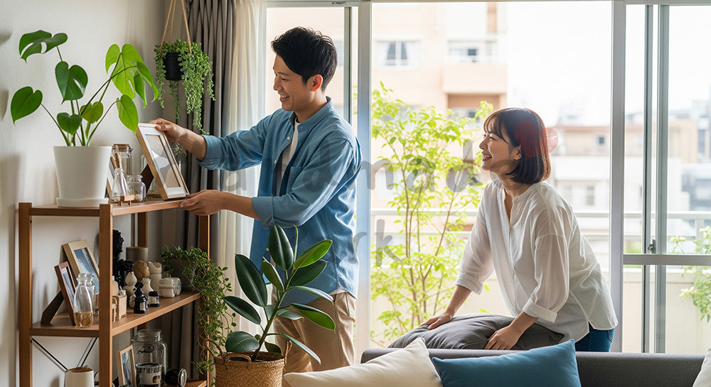 フリー素材 無料 写真｜観葉植物や小物を配置しながら部屋づくりを楽しむ日本人カップル 写真背景