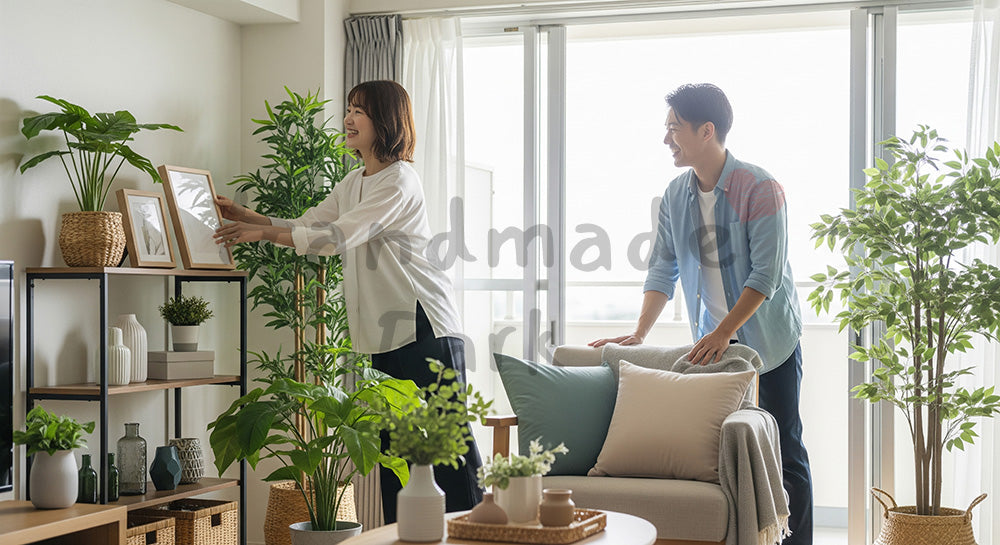 フリー素材 無料 写真|観葉植物や小物を配置しながら部屋づくりを楽しむ日本人カップル 背景素材