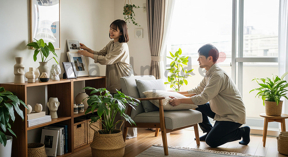 フリー素材 無料 写真|観葉植物や小物を配置しながら部屋づくりを楽しむ日本人カップル