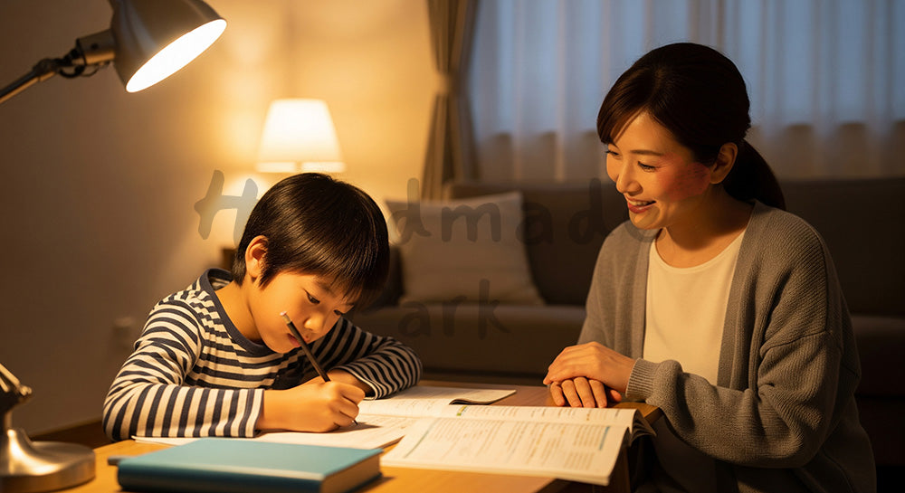 フリー素材 無料 写真｜リビングで宿題をする子どもを見守る日本人母親の家庭学習シーン（表現2）