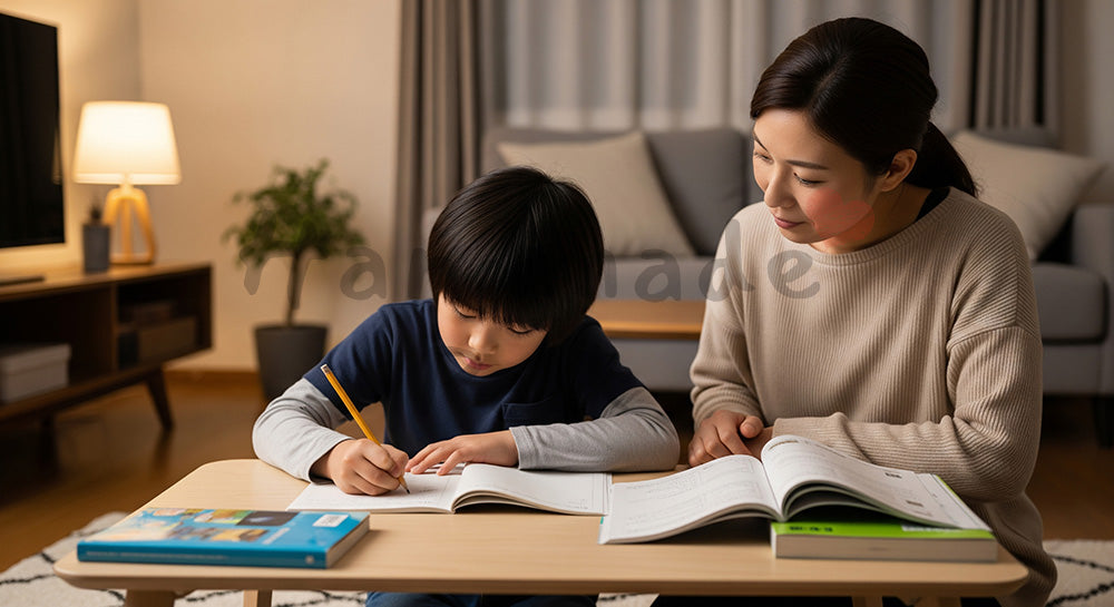 フリー素材 無料 写真｜リビングで宿題をする子どもを見守る日本人母親の家庭学習シーン（表現1）