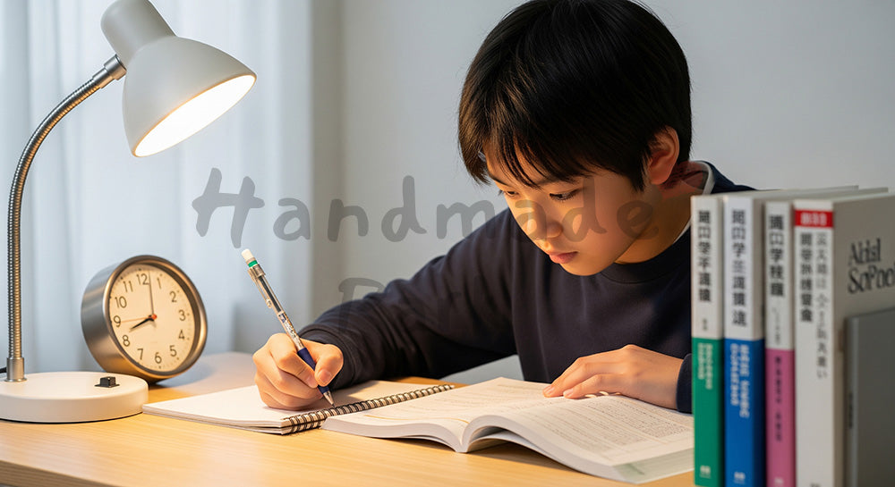 フリー素材 無料 写真｜自室のデスクで受験勉強に集中する日本人中学生の学習シーン（表現2）