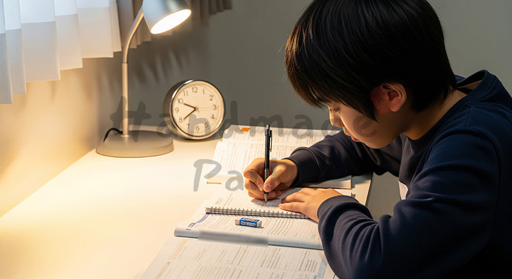 フリー素材 無料 写真｜自室のデスクで受験勉強に集中する日本人中学生の学習シーン コピースペースあり