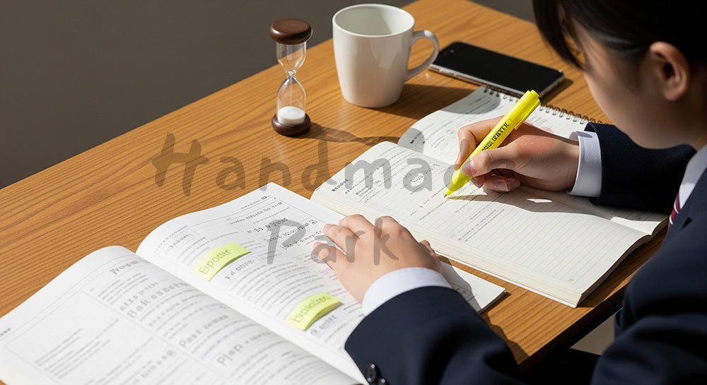 フリー素材 無料 写真｜英単語帳に蛍光ペンでマーキングする日本人高校生の英語学習シーン（表現3）